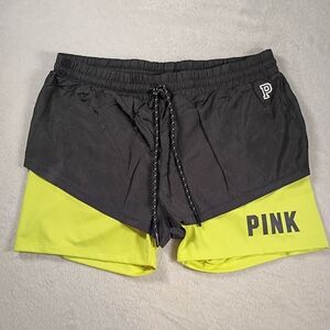 PINK Victoria’s Secret Neon Running Shorts Black Yellow Size M Athletic Gym